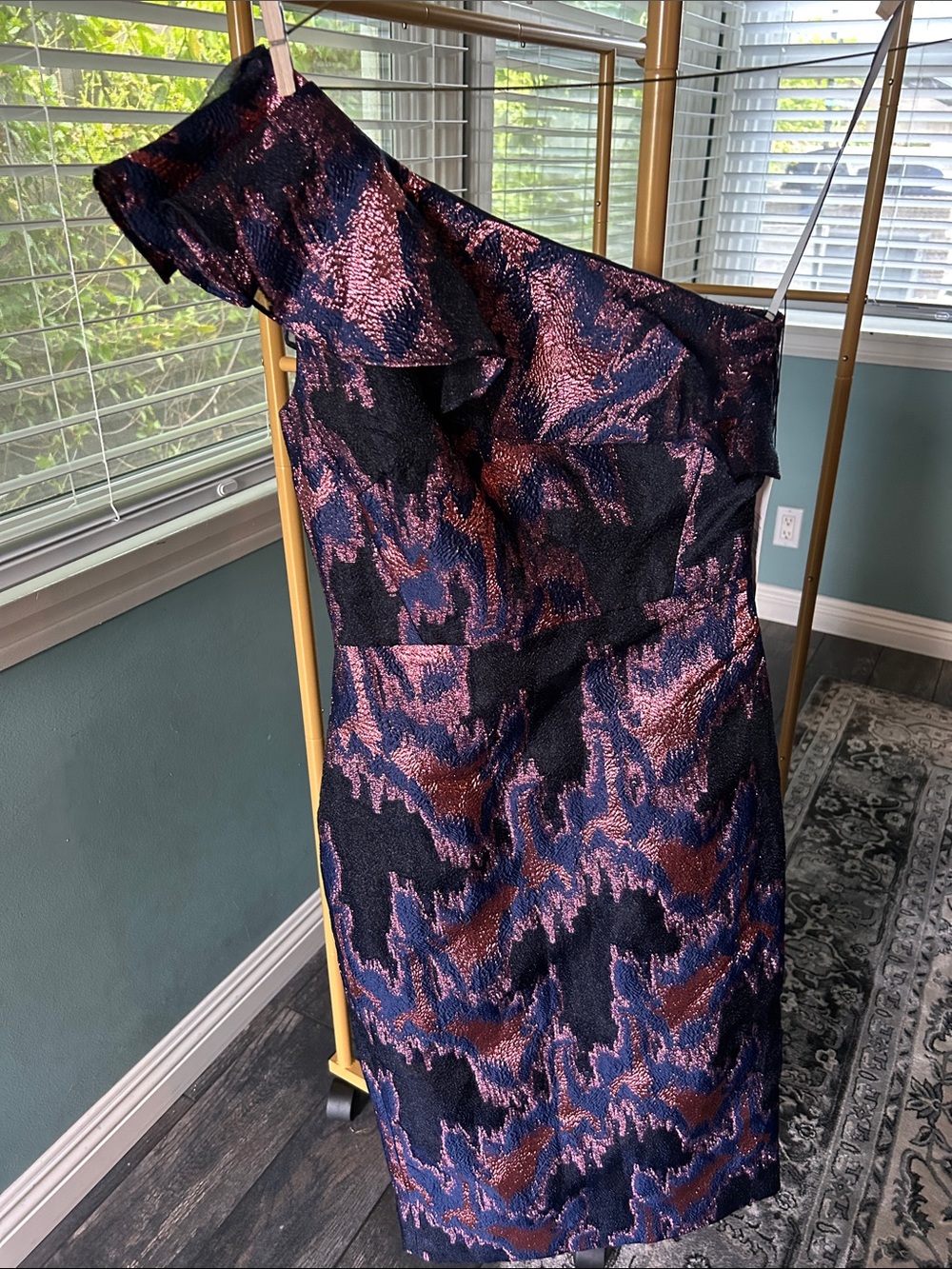 One-Shoulder Black with Metallic Rose and Blue Jacquard Cocktail Dress